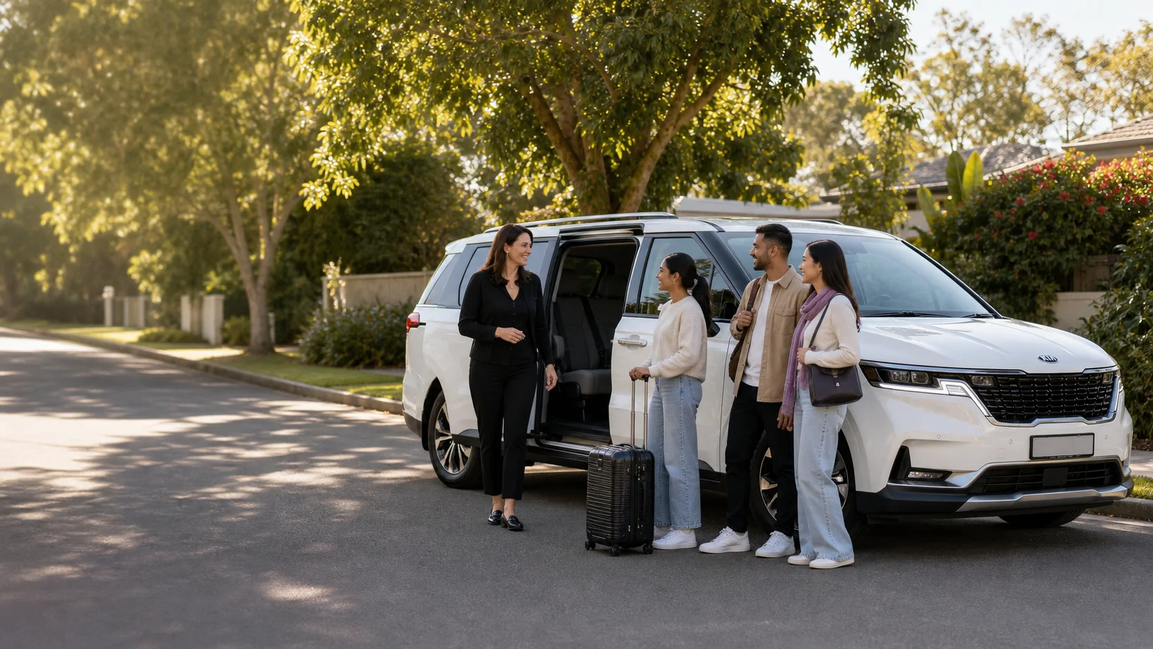 Happy passengers with their driver beside a white Kia Carnival