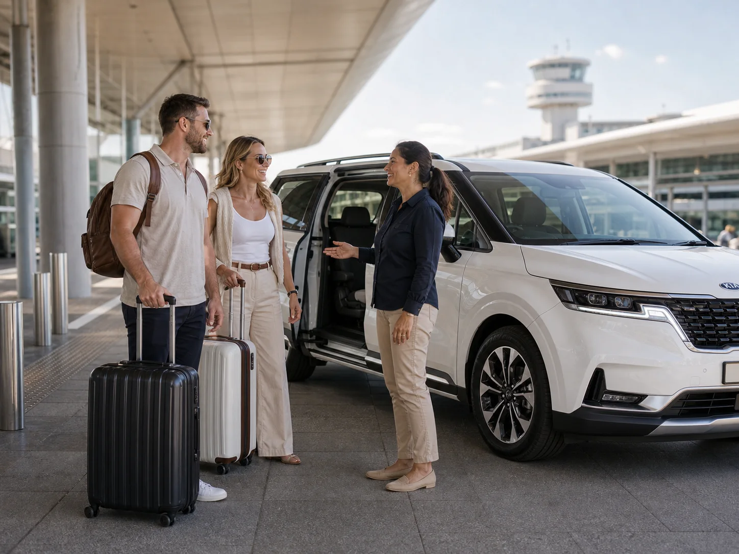 Happy airport travellers meeting their driver beside a white Kia Carnival