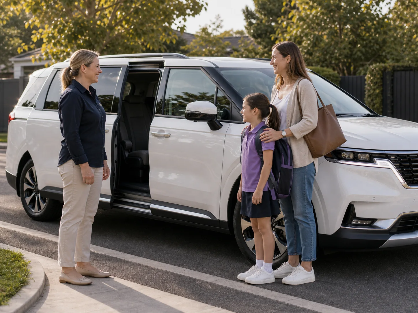 A parent and child greeting their driver beside a white Kia Carnival