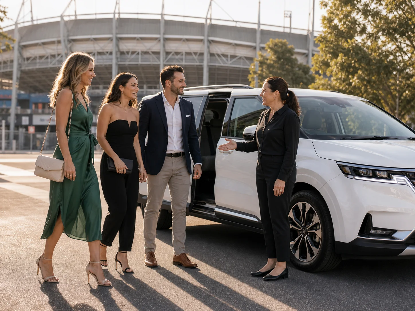 Friends arriving for a major event in a white Kia Carnival