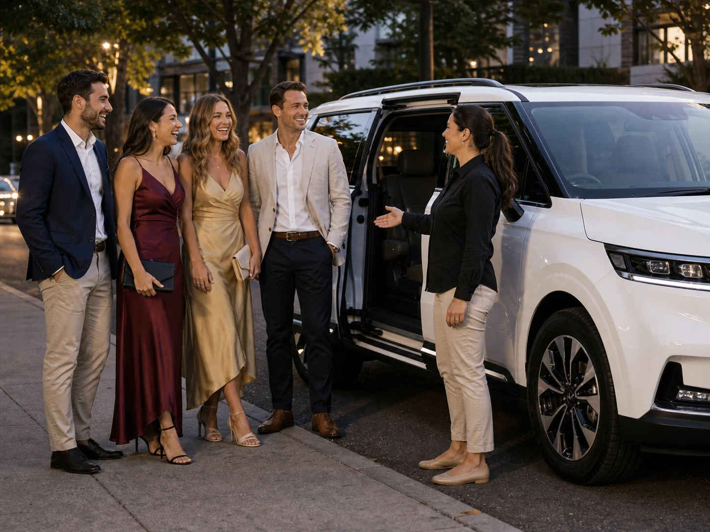 Friends travelling to a special occasion in a white Kia Carnival